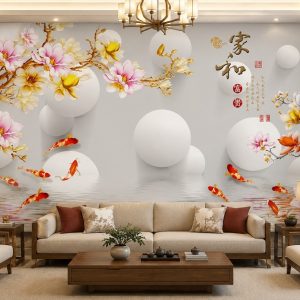 Tranh cá koi hoa mộc lan gia hòa phú quý dán tường phòng khách 52827