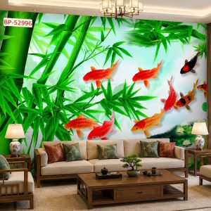 Tranh cá koi trúc xanh dán tường phòng khách 52996