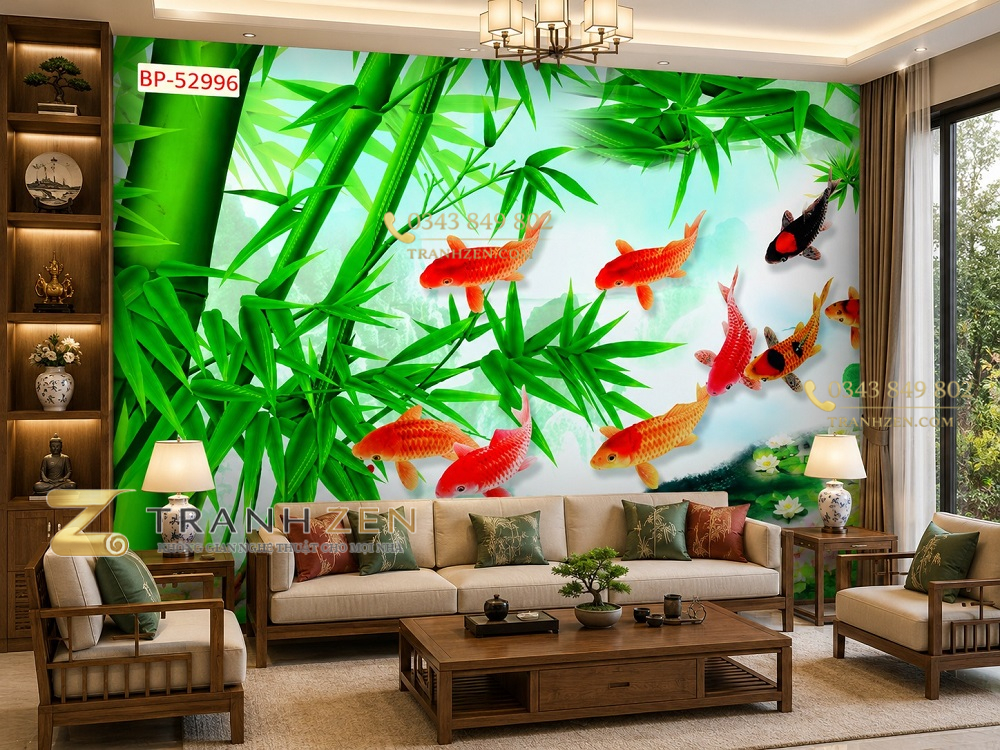 Tranh cá koi trúc xanh dán tường phòng khách 52996