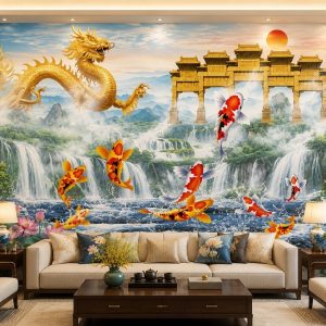Tranh cửu ngư quần hội cá koi rồng vàng thác nước dán tường phòng khách 51511