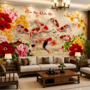 Tranh cửu ngư quần hội hoa mẫu đơn dán tường phòng khách 533964