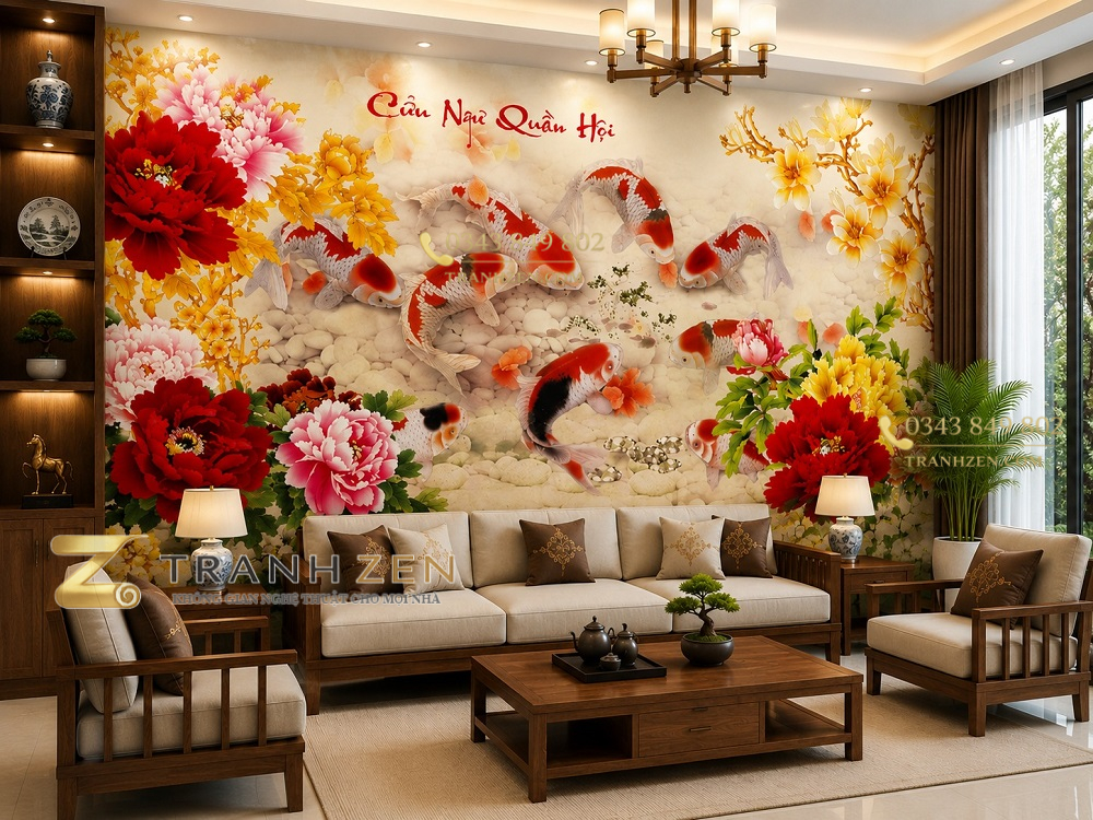 Tranh cửu ngư quần hội hoa mẫu đơn dán tường phòng khách 533964
