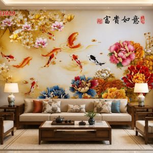 Tranh cửu ngư quần hội hoa mẫu đơn phú quý dán tường phòng khách 51929