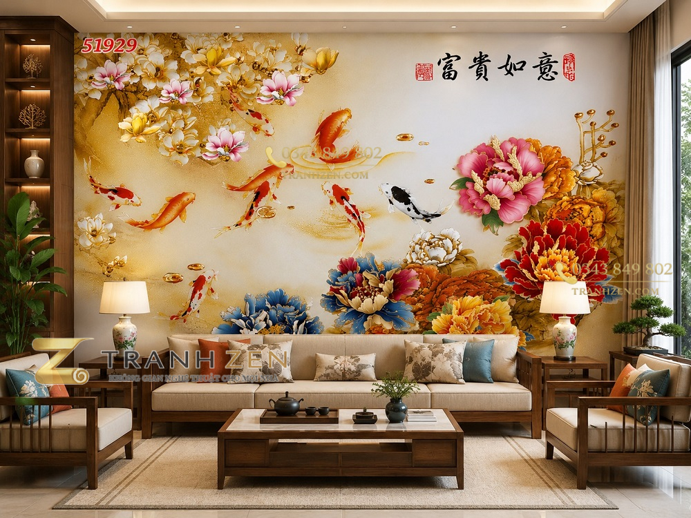 Tranh cửu ngư quần hội hoa mẫu đơn phú quý dán tường phòng khách 51929