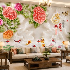 Tranh cửu ngư quần hội hoa mẫu đơn phú quý dán tường phòng khách 53002