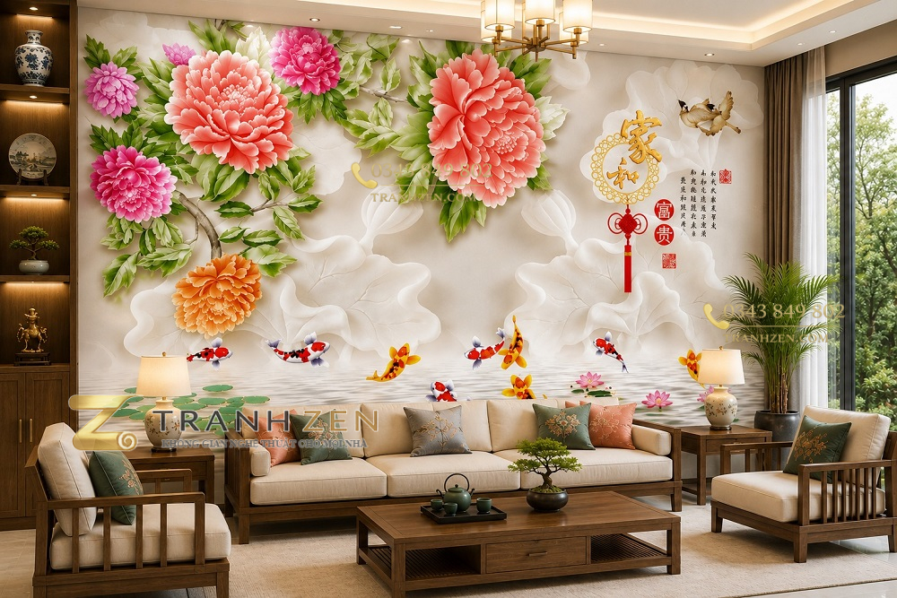 Tranh cửu ngư quần hội hoa mẫu đơn phú quý dán tường phòng khách 53002