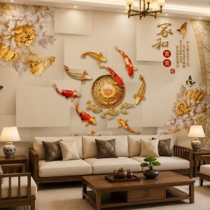 Tranh cửu ngư quần hội hoa mẫu đơn phú quý dán tường phòng khách 53572