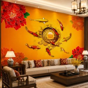 Tranh cửu ngư quần hội hoa mẫu đơn tài lộc dán tường phòng khách 52993