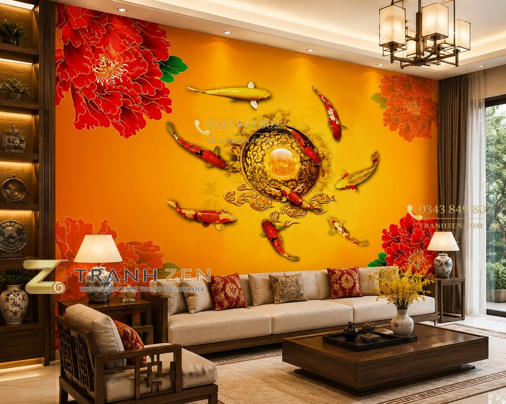 Tranh cửu ngư quần hội hoa mẫu đơn tài lộc dán tường phòng khách 52993