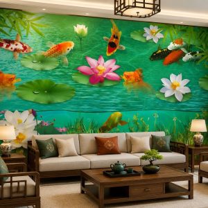 Tranh cửu ngư quần hội hoa sen cá koi dán tường phòng khách 53008