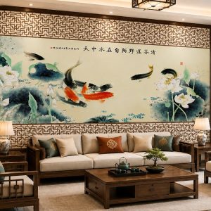 Tranh cửu ngư quần hội hoa sen dán tường phòng khách 53000
