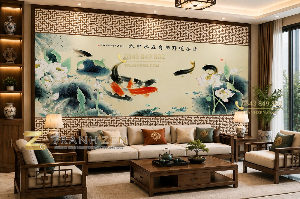 Tranh cửu ngư quần hội hoa sen dán tường phòng khách 53000