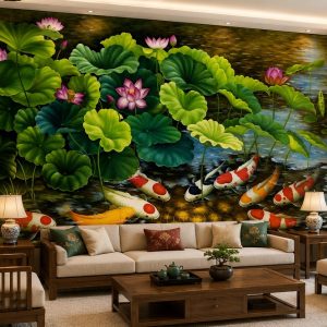 Tranh cửu ngư quần hội hoa sen dán tường phòng khách 53001