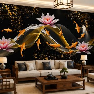 Tranh cửu ngư quần hội hoa sen kim sắc dán tường phòng khách 53352