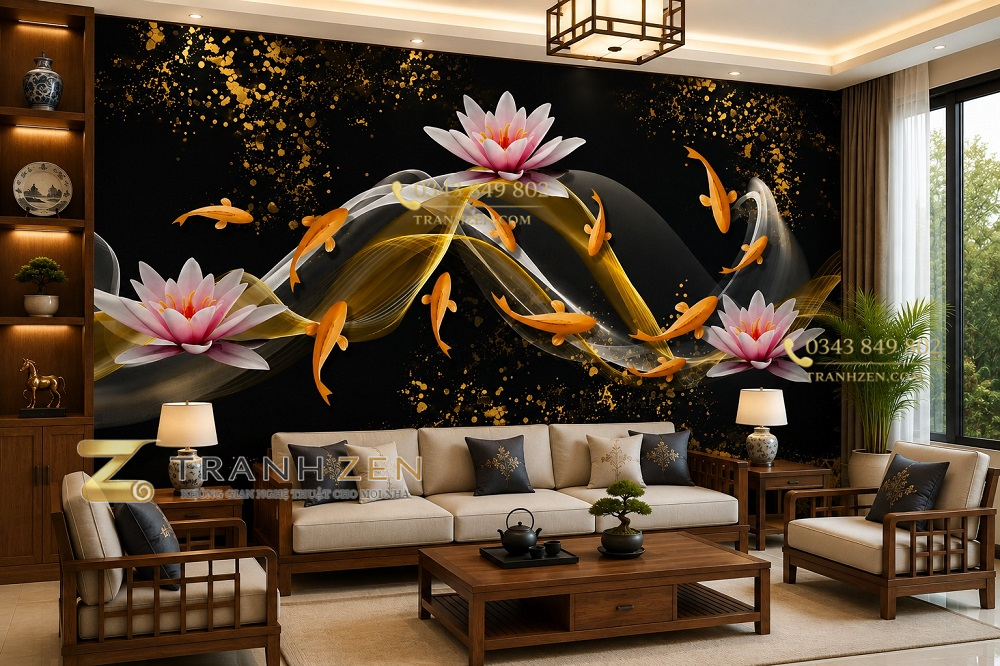 Tranh cửu ngư quần hội hoa sen kim sắc dán tường phòng khách 53352