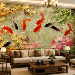 Tranh cửu ngư quần hội hoa sen mai vàng dán tường phòng khách 53709