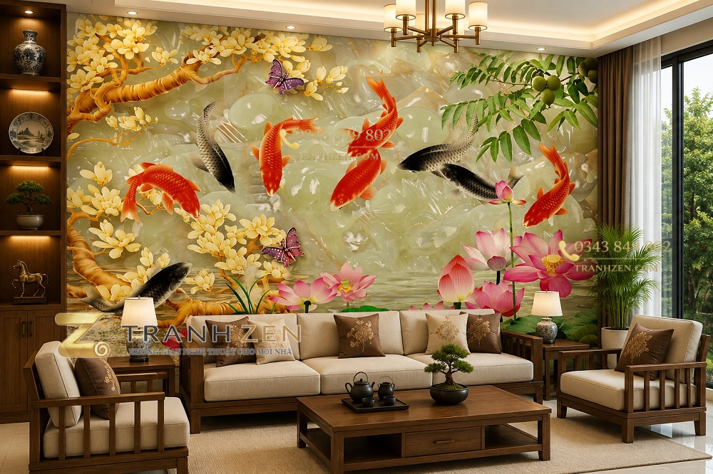 Tranh cửu ngư quần hội hoa sen mai vàng dán tường phòng khách 53709