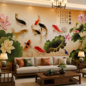 Tranh cửu ngư quần hội hoa sen phú quý dán tường phòng khách 53009