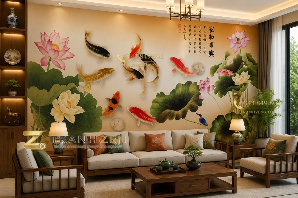 Tranh cửu ngư quần hội hoa sen phú quý dán tường phòng khách 53009
