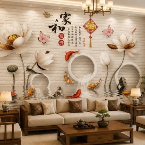Tranh cửu ngư quần hội hoa sen phú quý dán tường phòng khách 533953