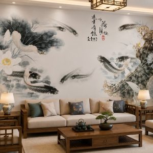 Tranh cửu ngư quần hội hoa sen thủy mặc dán tường phòng khách 53003