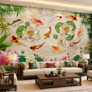Tranh cửu ngư quần hội hoa sen trúc xanh dán tường phòng khách 52994