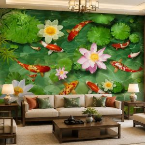 Tranh cửu ngư quần hội hoa sen trúc xanh dán tường phòng khách 52995