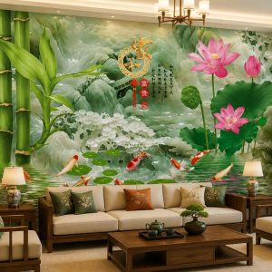 Tranh cửu ngư quần hội hoa sen trúc xanh phú quý dán tường phòng khách 53351