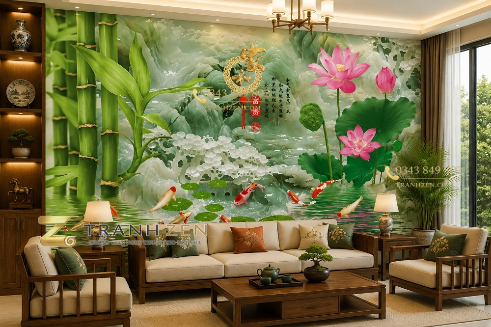 Tranh cửu ngư quần hội hoa sen trúc xanh phú quý dán tường phòng khách 53351