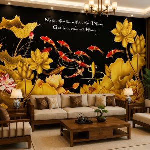 Tranh cửu ngư quần hội hoa sen vàng phú quý dán tường phòng khách 54724