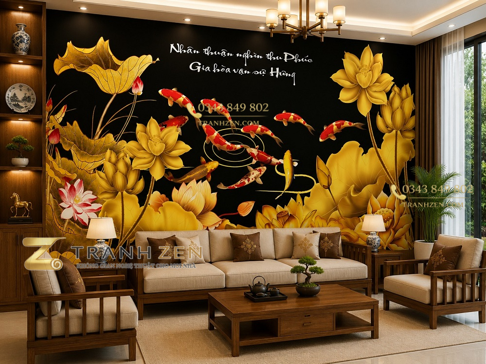Tranh cửu ngư quần hội hoa sen vàng phú quý dán tường phòng khách 54724