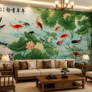 Tranh cửu ngư quần hội liên hoa dư niên dán tường phòng khách 54058