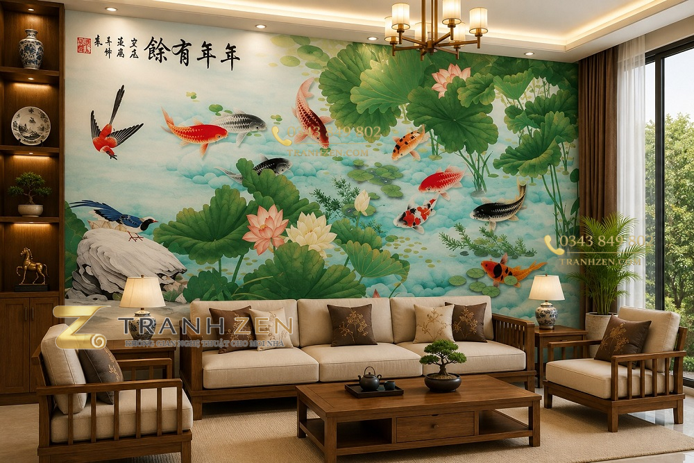 Tranh cửu ngư quần hội liên hoa dư niên dán tường phòng khách 54058