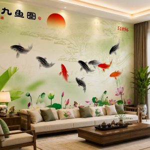 Tranh cửu ngư quần hội sơn thủy hoa sen dán tường phòng khách 51896