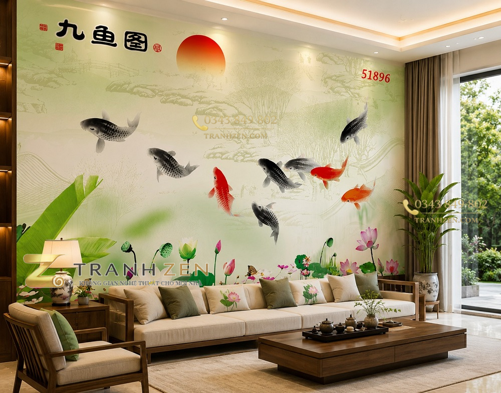 Tranh cửu ngư quần hội sơn thủy hoa sen dán tường phòng khách 51896