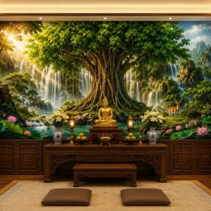 Tranh dán tường cây bồ đề cổ thụ thác nước phòng thờ 3d - bd10820262
