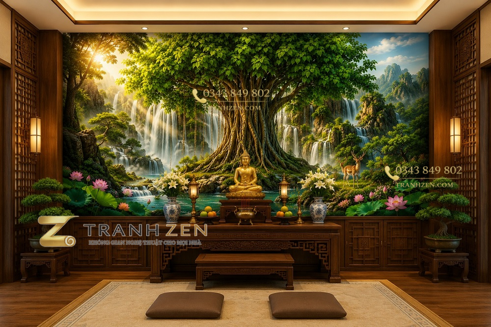 Tranh dán tường cây bồ đề cổ thụ thác nước phòng thờ 3d - bd10820262