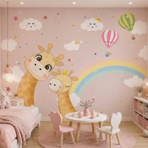 Tranh dán tường phòng bé gái hươu cao cổ cầu vồng dễ thương st2646674419