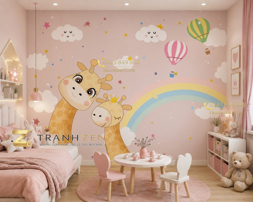 Tranh dán tường phòng bé gái hươu cao cổ cầu vồng dễ thương st2646674419