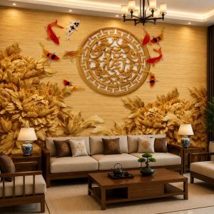 Tranh dán tường phòng khách cửu ngư quần hội hoa mẫu đơn chữ phúc vàng sang trọng 54727