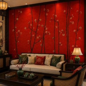 Tranh dán tường phòng khách indochine cành hoa mai nền đỏ sang trọng 3d - in198202612