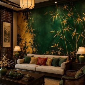 Tranh dán tường phòng khách indochine cây tre vàng nền xanh dát vàng 3d - in198202610