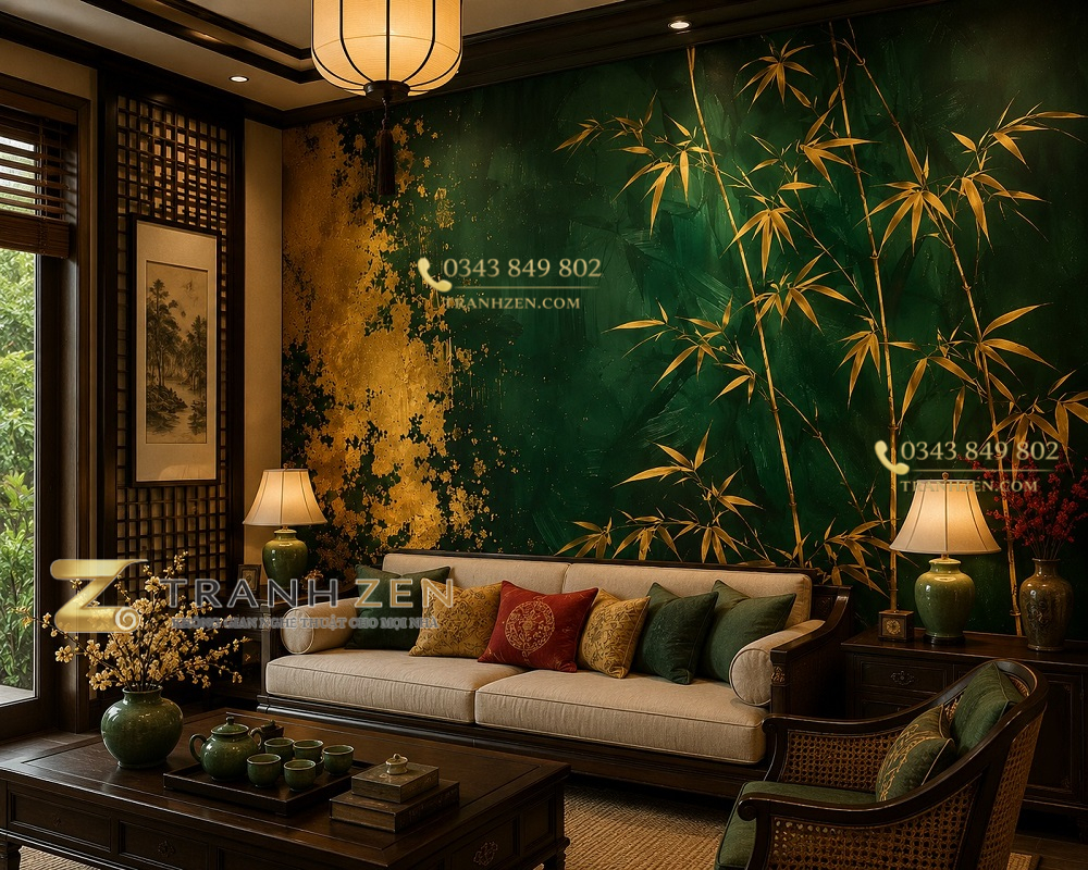 Tranh dán tường phòng khách indochine cây tre vàng nền xanh dát vàng 3d - in198202610