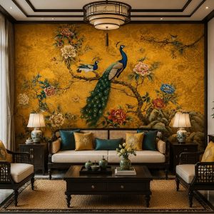 Tranh dán tường phòng khách indochine đôi chim công hoa mẫu đơn nền vàng sang trọng 3d - in19820261
