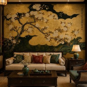 Tranh dán tường phòng khách indochine hoa cúc trắng mây vàng nền xanh cổ điển 3d - in19820267