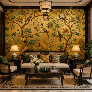 Tranh dán tường phòng khách indochine hoa mẫu đơn chim cổ điển sang trọng 3d - ab1256862164