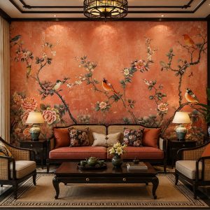 Tranh dán tường phòng khách indochine hoa mẫu đơn chim nghệ thuật nền cam cổ điển 3d - ab878434485