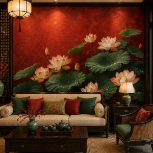 Tranh dán tường phòng khách indochine hoa sen nền đỏ nghệ thuật sang trọng 3d - in19820266