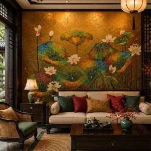 Tranh dán tường phòng khách indochine hoa sen nghệ thuật dát vàng nền vàng đồng 3d - in19820265