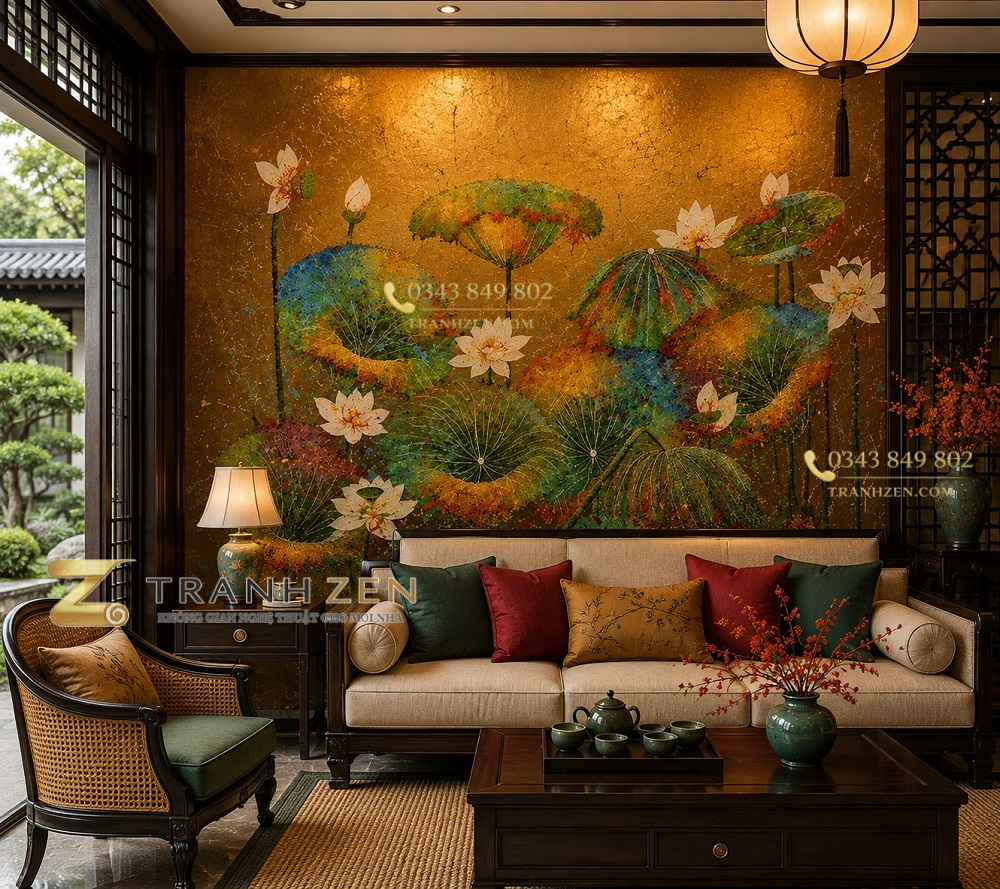 Tranh dán tường phòng khách indochine hoa sen nghệ thuật dát vàng nền vàng đồng 3d - in19820265